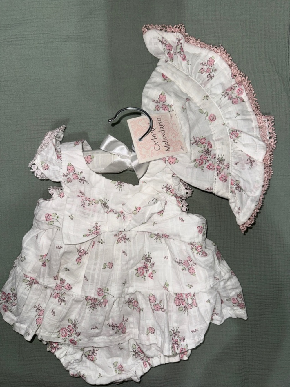 Catherine Malandrino White Baby Dress and Bonnet with Pink Floral Trim